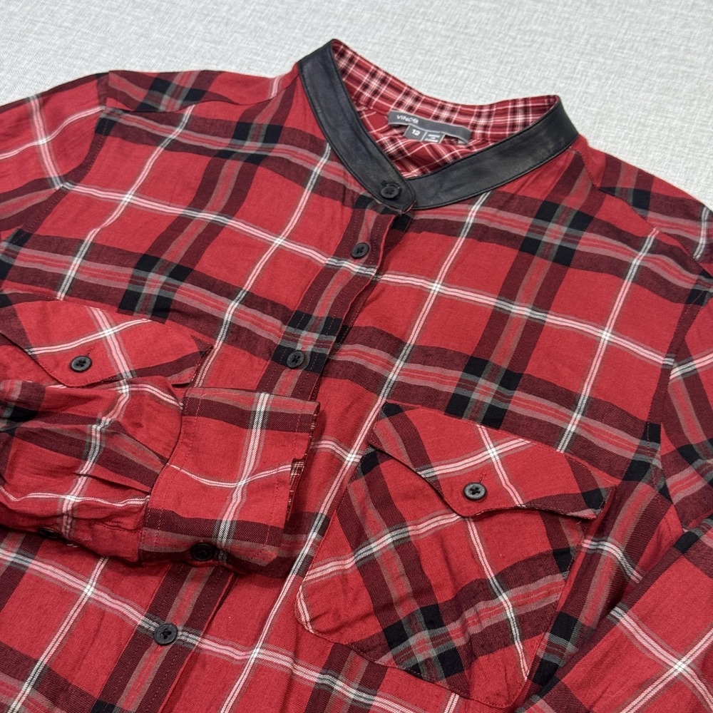Vince Tunic Button-Up Womens 12 Red Plaid Long Sleeve Collared Leather Trim